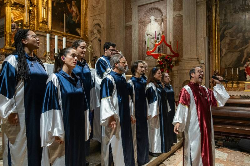 People in church with liturgical vestments