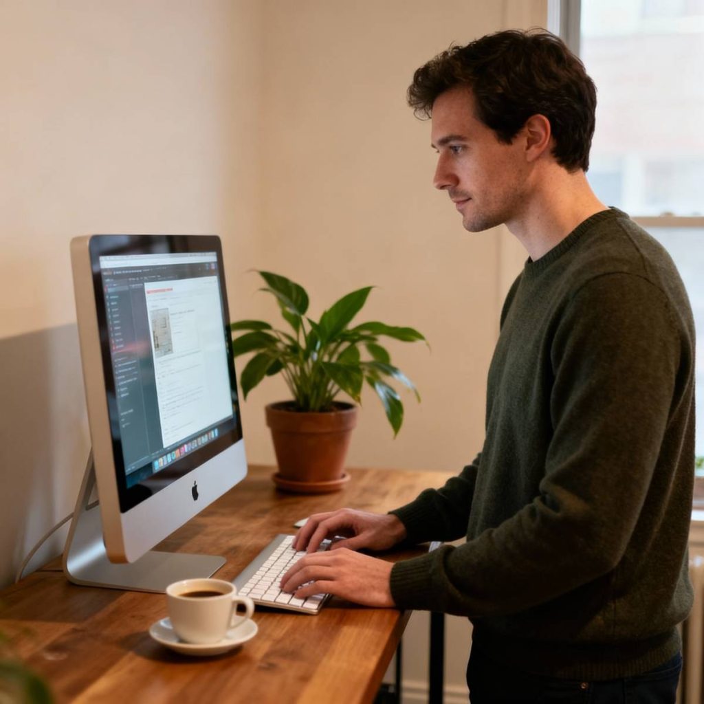 a man is stand use computer