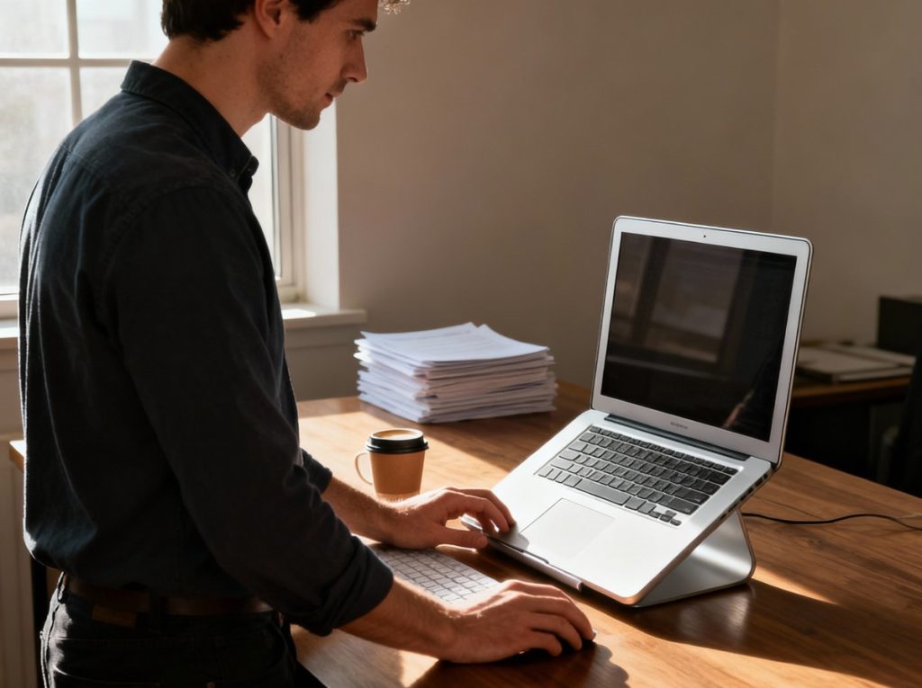a man is stand use computer on the desk