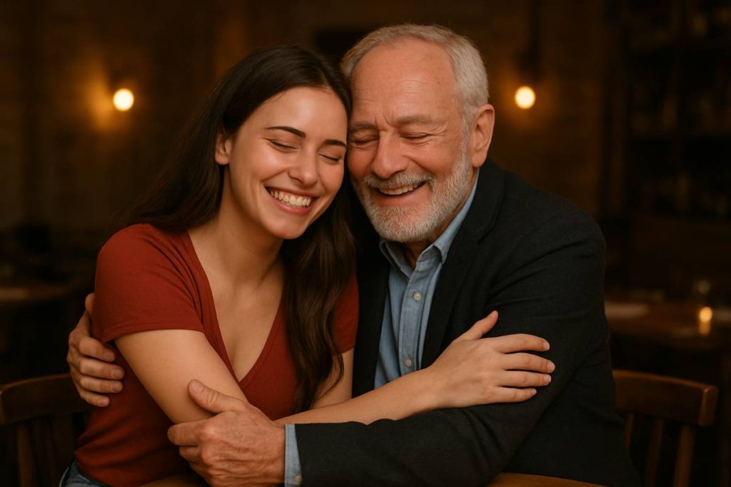 a old man hug a young woman