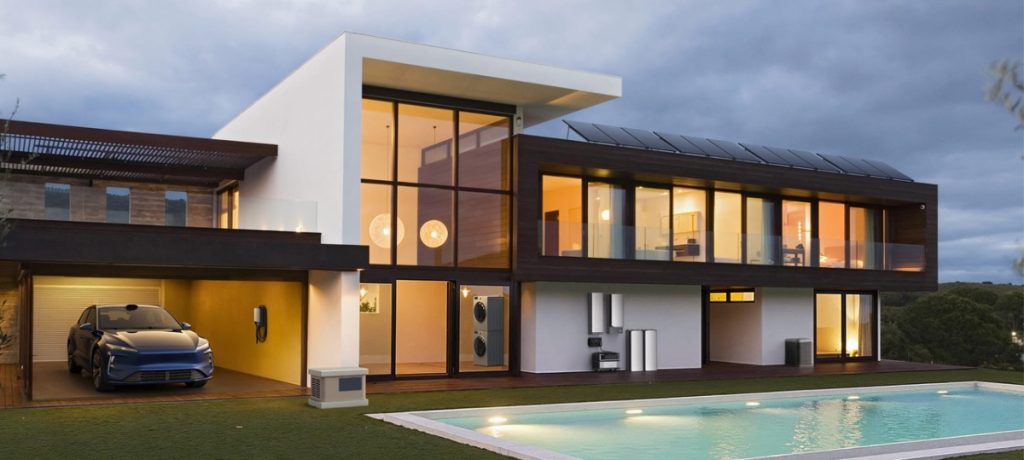 a big house with solar panel car and pool