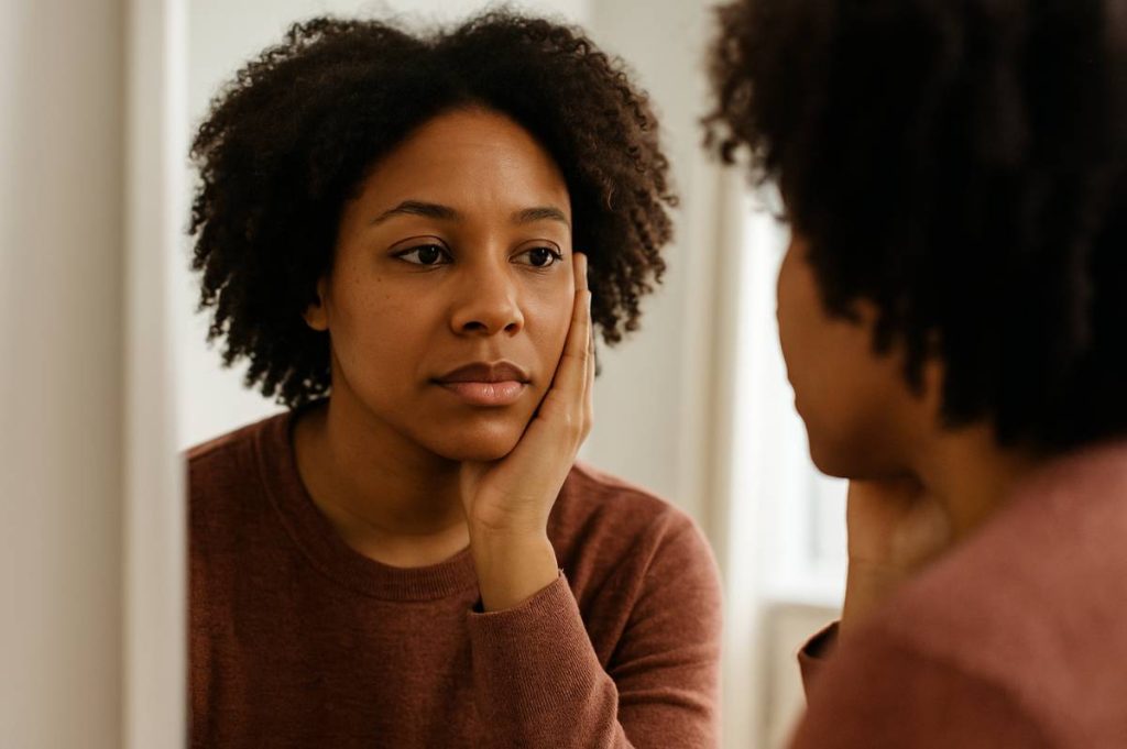 a woman is not confidence in the mirror